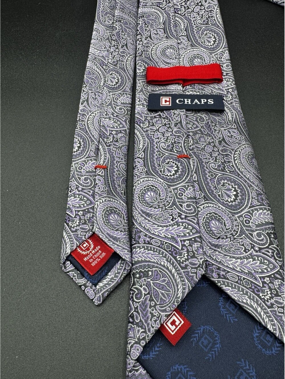 Chaps Silk Tie Purple Black Silver Paisley Handmade 58x3.25 - Picture 5 of 5
